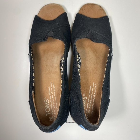 Toms Women Shoes Twill Espadrilles Cork Peep Toe Wedge Black Sz 7 - Picture 6 of 16